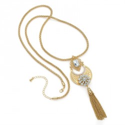 Necklace - Gold colour crystal chain charm necklace. -...