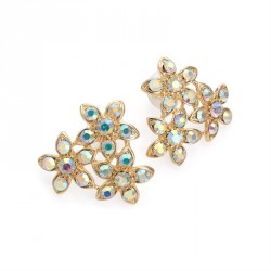 Earring - Gold colour AB crystal three flower design stud...