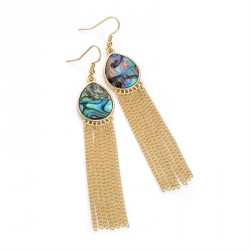 Earring - Gold colour green shell look chain tassel drop...