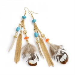 Earring - Shiny gold colour turquoise effect feather drop...