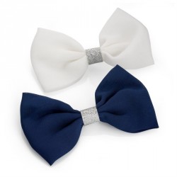 Hair bow set - Two piece white and navy silver glitter...