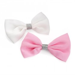 Hair bow set - Two piece white and pink silver glitter...