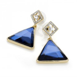 Earring - Gold colour blue glass bead triangle shape post...