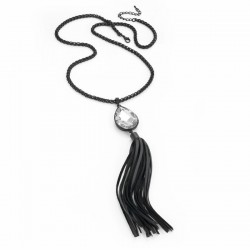 Necklace - Black enamel crystal oval bead tassel chain...