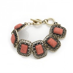 Bracelet - Burnished gold colour pink marble effect bead...