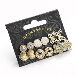 Earring set - Six pairs gold colour crystal, flower,...
