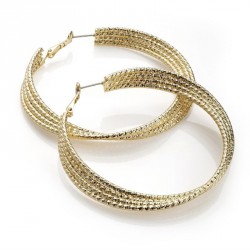 Earring - Gold colour diamond cut effect hoop earrings. -...