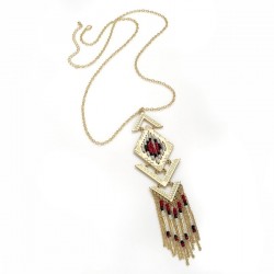 Necklace - Shiny gold colour red tone bead chain tassel...