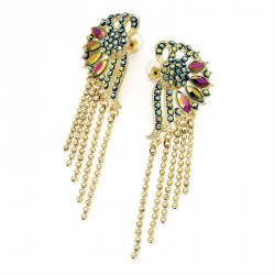 Earring - Gold colour green AB bead chain drop post...