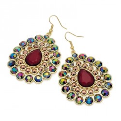 Earring - Gold colour AB and burgundy bead oval fish hook...