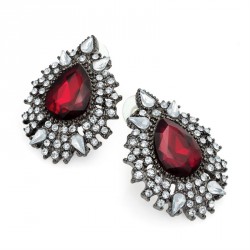 Earring - Hematite grey colour red and clear crystal oval...