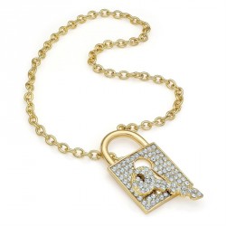 Necklace - Shiny gold colour crystal chain lock and key...