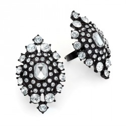 Ring - Black enamel colour crystal adjustable ring. -...