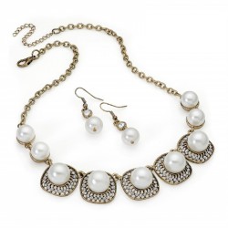 Necklace & Earring set - Antique gold effect white pearl...