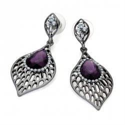 Earring - Hematite grey colour crystal and purple bead...