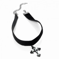 Necklace - Black velvet look black enamel crystal cross...