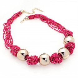 Necklace - Gold colour pink tone seed bead look ball...
