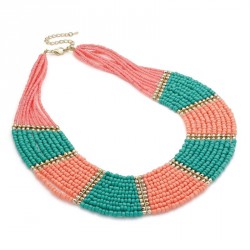 Necklace - Ten row gold colour green and peach tone bead...