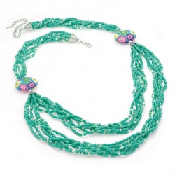 Necklace -Rhodium colour green tone seed bead look flower...