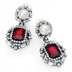 Earring - Hematite grey, cream pearl, crystal and siam...