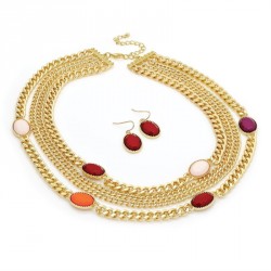 Necklace & Earring set -Four row gold colour red tone...