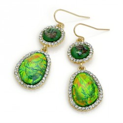 Earring - Gold colour green marble look bead drop...