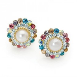 Earring - Shiny gold colour multi crystal cream pearl...