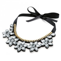 Necklace - Gold colour crystal flower design black ribbon...